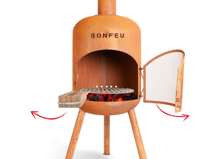 BonFeu BonBono roest tuinhaard productfoto met grillrooster in gebruik
