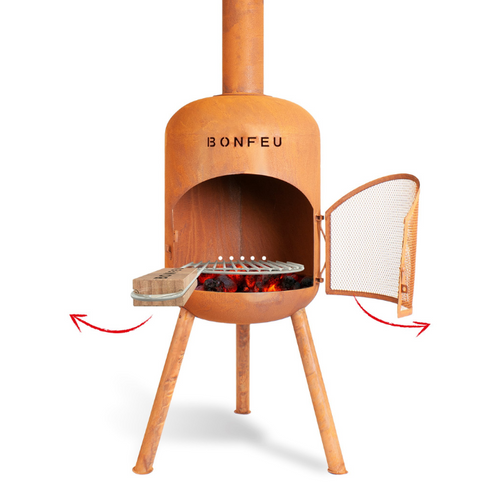 BonFeu BonBono roest tuinhaard productfoto met grillrooster in gebruik
