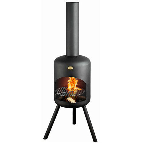 BonFeu BonSelo tuinhaard zwart productfoto met vuur en grillrooster
