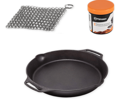 Pack promo Petromax poêle 2 poignées 15 cm + scrub acier inox. + cire d’entretien