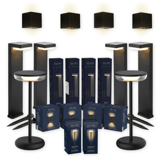 Pakketdeal ZOLUNA 4x priklamp Bram + 4x wandlamp Marga rond + 2x tafellamp Bobbie zwart