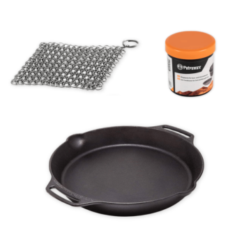 Pack promo Petromax poêle 2 poignées 15 cm + scrub acier inox. + cire d’entretien