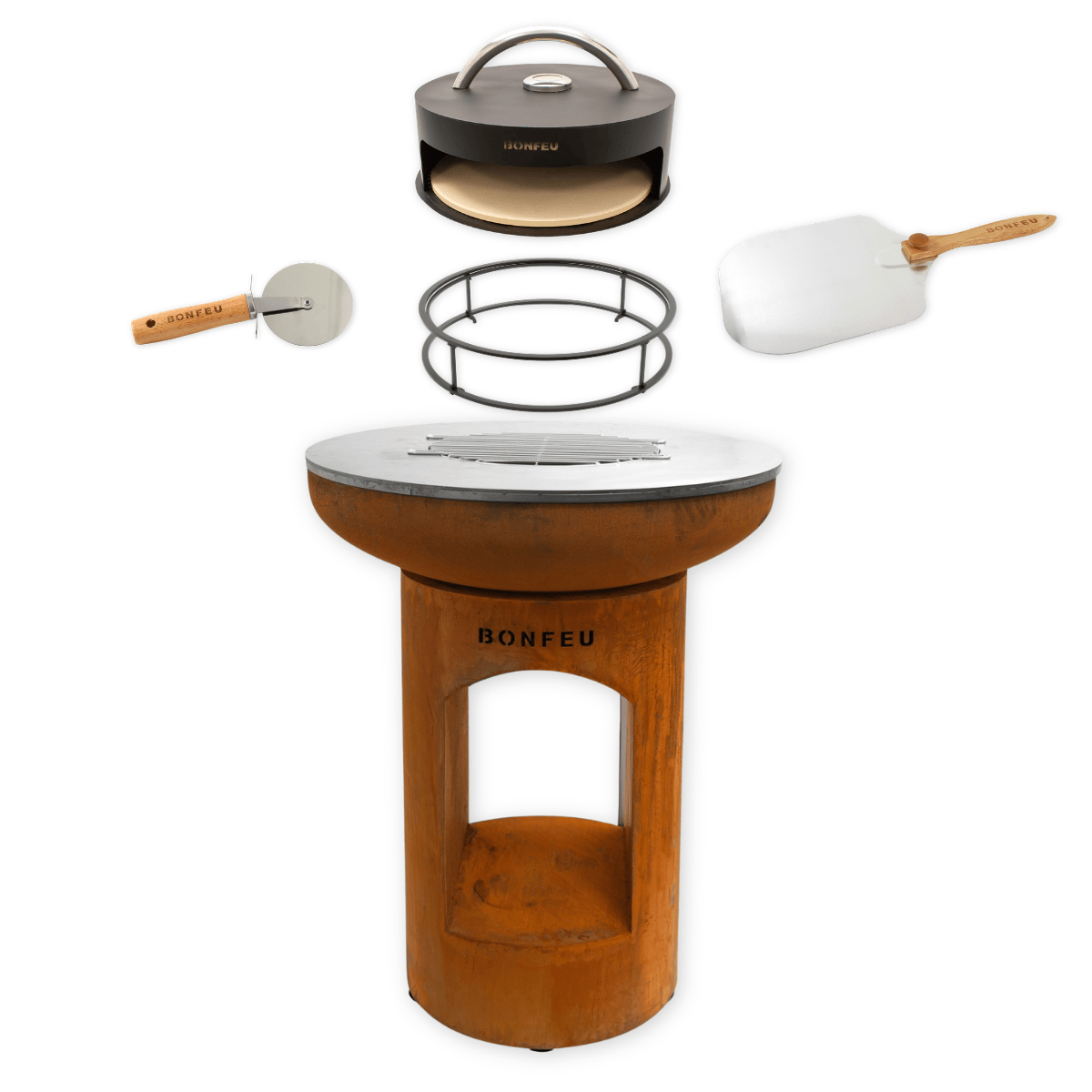 Pack promo BonFeu BonBiza ouvert corten + four à pizza + support + pelle à pizza + coupe-pizza