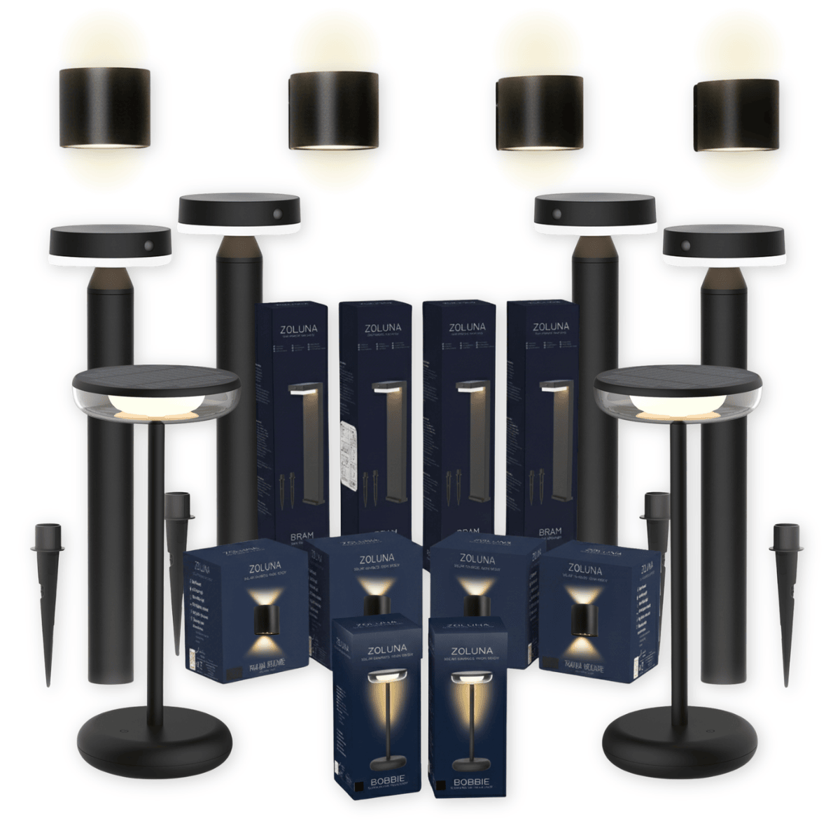 Pack promo ZOLUNA 4x lampe à piquet Guus + 4x applique murale Marga ronde + 2x lampe de table Bobbie noire