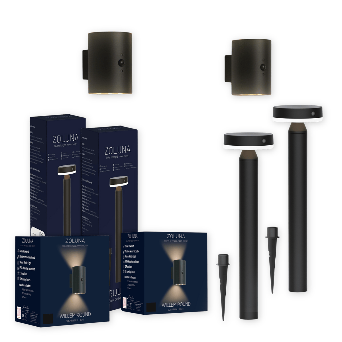 Pack promo ZOLUNA 2x lampe à piquet Guus + 2x applique murale Willem ronde
